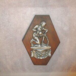 Vtg Aquarius Brutalist Art Sculpture Pewter on Wood Plaque Zodiac Celestial MCM